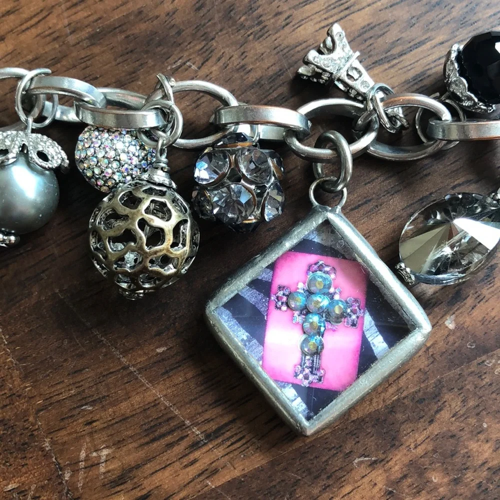 Custom Handmade Charm Bracelet Silver 14 Heavy Charms Cross Toggle Link Chain 7